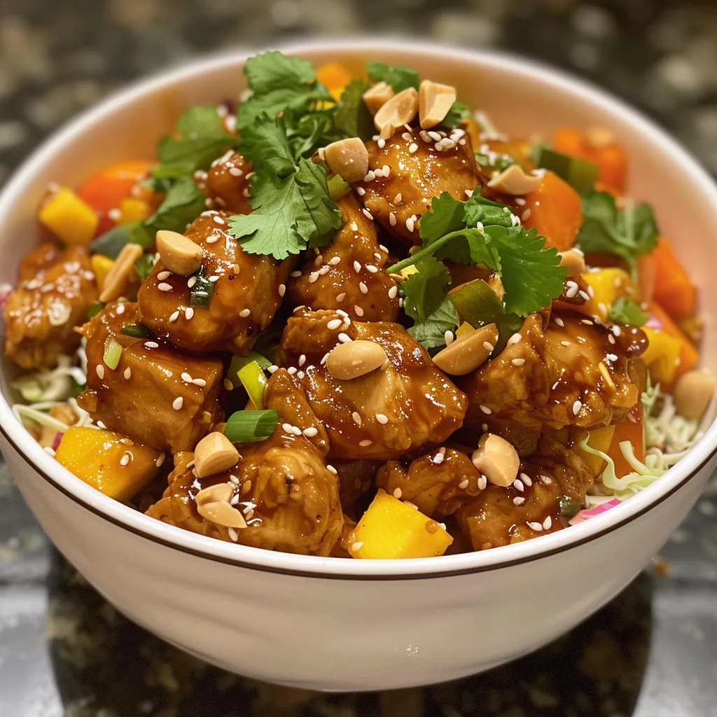 ['Close-up view of a vibrant plate of Sesame Mango Chicken with colorful ingredients.', 'Juicy Sesame Mango Chicken garnished with fresh cilantro and sesame seeds.', 'Side view of a delicious dish featuring diced chicken, mango, and vegetables.', 'Detailed photo of Sesame Mango Chicken showcasing its glistening sauce and toppings.']