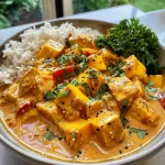 ['Close-up of a creamy vegan mango tofu curry with chunks of tofu and vibrant mango pieces.', 'Side view of a delicious vegan mango tofu curry in a bowl, garnished with fresh herbs.', 'Juicy vegan mango tofu curry, highlighting the rich texture and colors of the ingredients.', 'A vibrant plate of mango tofu curry showcasing creamy sauce and bright mango slices.']