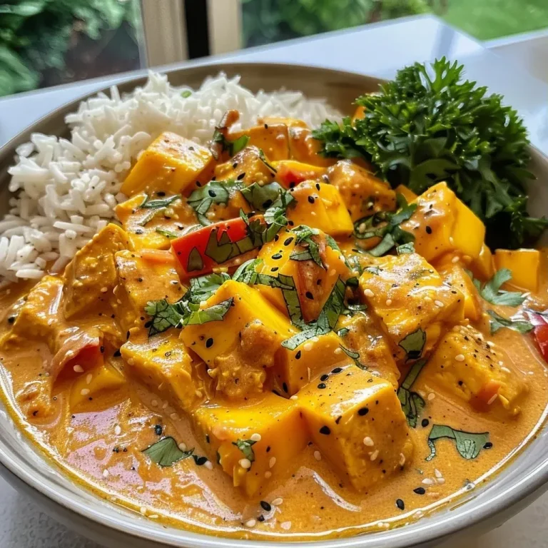 ['Close-up of a creamy vegan mango tofu curry with chunks of tofu and vibrant mango pieces.', 'Side view of a delicious vegan mango tofu curry in a bowl, garnished with fresh herbs.', 'Juicy vegan mango tofu curry, highlighting the rich texture and colors of the ingredients.', 'A vibrant plate of mango tofu curry showcasing creamy sauce and bright mango slices.']