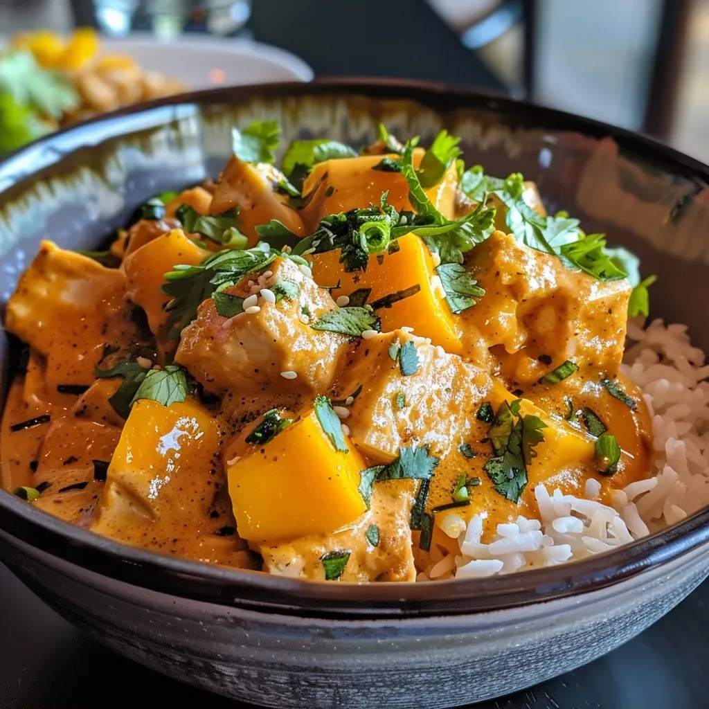 ['Close-up of a creamy vegan mango tofu curry with chunks of tofu and vibrant mango pieces.', 'Side view of a delicious vegan mango tofu curry in a bowl, garnished with fresh herbs.', 'Juicy vegan mango tofu curry, highlighting the rich texture and colors of the ingredients.', 'A vibrant plate of mango tofu curry showcasing creamy sauce and bright mango slices.']